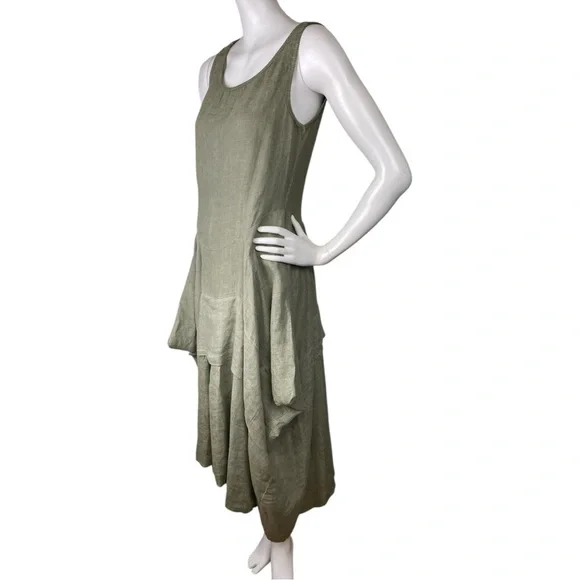INIZIO 100% Linen Green Tiered Midi Tank Dress Sleeveless Stretch Women’s Medium - Picture 5 of 16